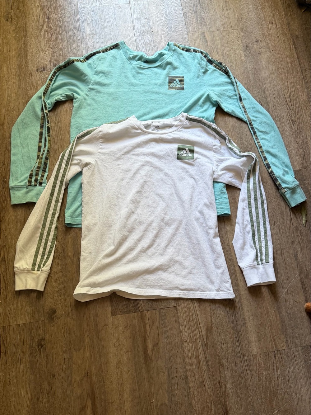 adidas Long-Sleeve Crew Tops in White and Aqua Mint - Kids